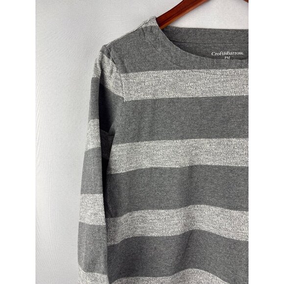 Croft & Barrow Womens Petite Medium Gray & White Striped 3/4 Sleeve Top Cotton - Picture 5 of 6